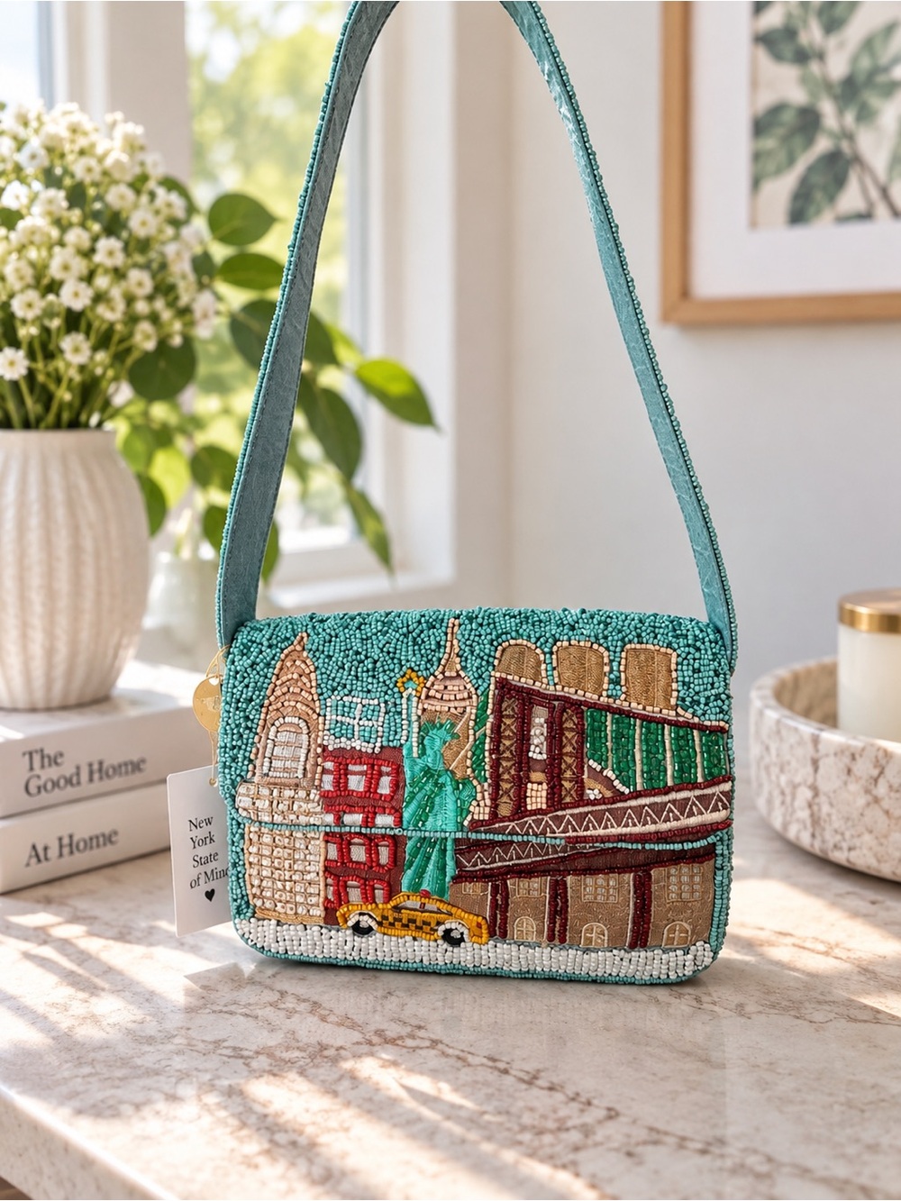 Viral New York City Hand Beaded Shoulder Bag – Turquoise NYC Skyline & Taxi